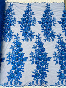 3D Rhinestone Rose Fabric - Royal Blue - Embroidered 3D Roses Design on Mesh Fabric Sold by Yard