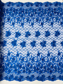 3D Floral Pearl Fabric - Royal Blue - 3D Triangle Flower Design on Mesh By Yard