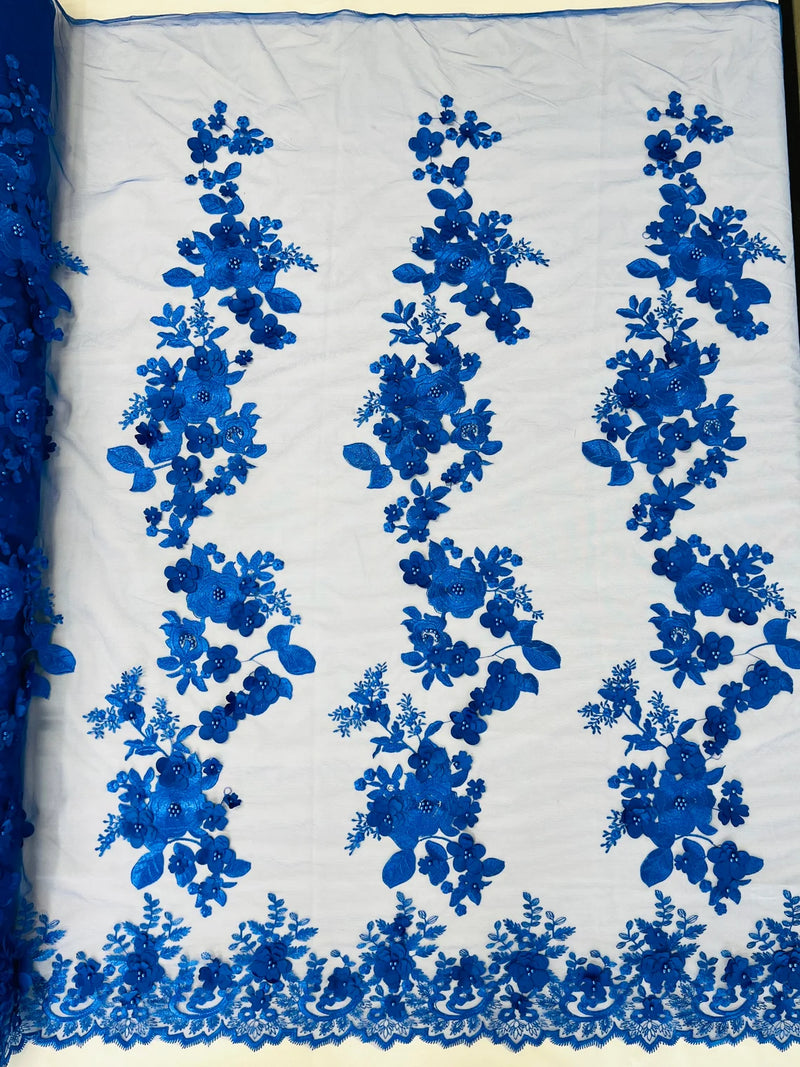 Floral 3D Rose Fabric - Royal Blue - Embroided Rose Flower Design Fabric Sold by Yard