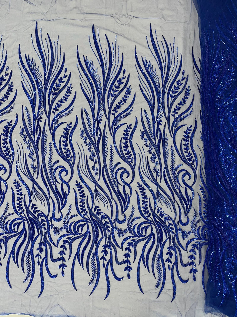 Sea Plant Design Fabric - Royal Blue - Beaded Embroidered Sea Plant Design Fabric by Yard