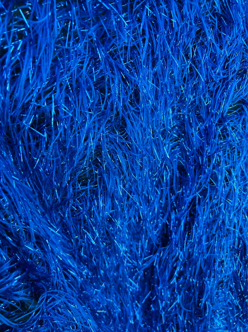 Metallic Eyelash Fabric - Royal Blue - Feather/Eyelash/Fringe Design on Mesh By Yard