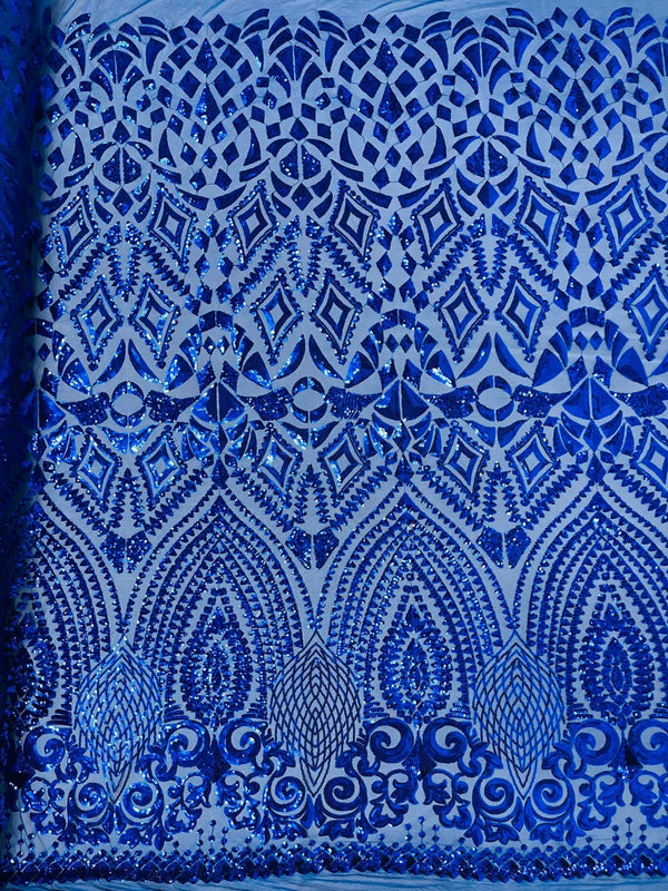 Geometric Pattern Sequins - Royal Blue - 4 Way Stretch Colorful Shine Designer Sequins By Yard