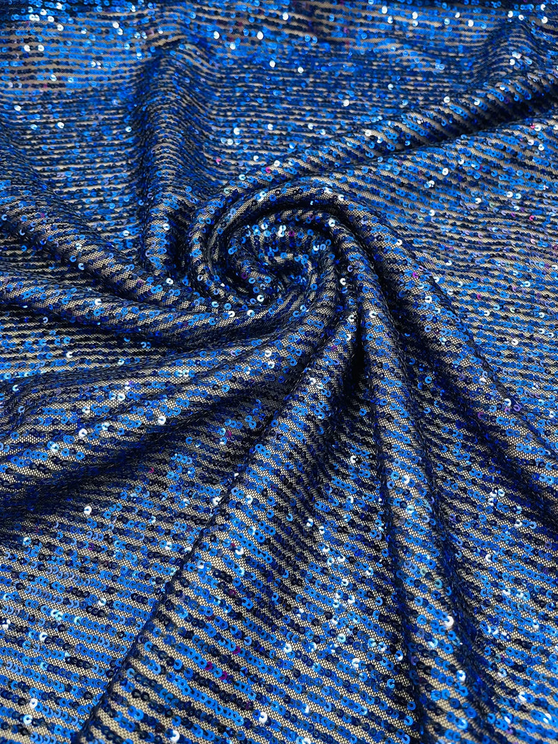 Mille Striped Stretch Sequins - Royal on Navy Blue - 4 Way Stretch Spandex Sequins Striped Fabric By The Yard