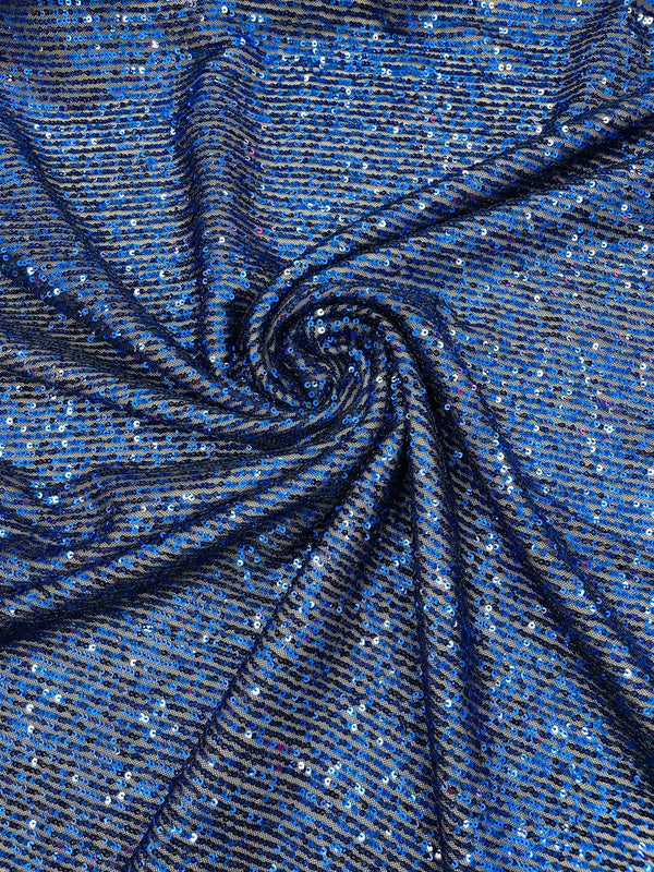 Mille Striped Stretch Sequins - Royal on Navy Blue - 4 Way Stretch Spandex Sequins Striped Fabric By The Yard