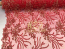 Beaded - Red - Fancy Flower Design Sequins Fabric with Beads Sold By The Yard