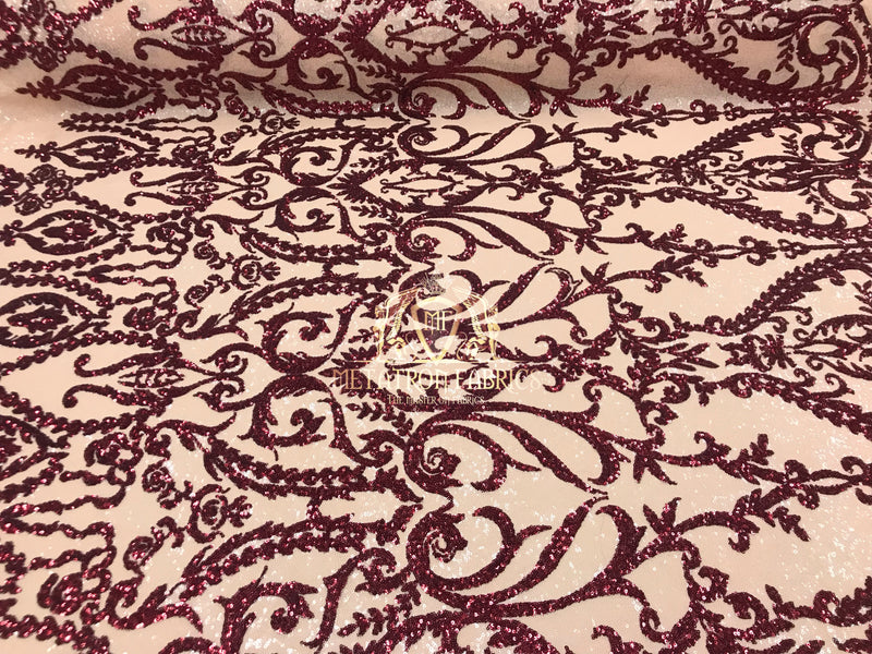 Two Tone Sequins - Burgundy / Nude - 4 Way Stretch Fancy Design Mesh Fabric Sold By The Yard