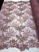 Beaded - Pink - Fancy Flower Design Sequins Fabric with Beads Sold By The Yard