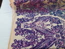 Big Damask Sequins Fabric - Purple - 4 Way Stretch Damask Sequins Design Fabric By Yard