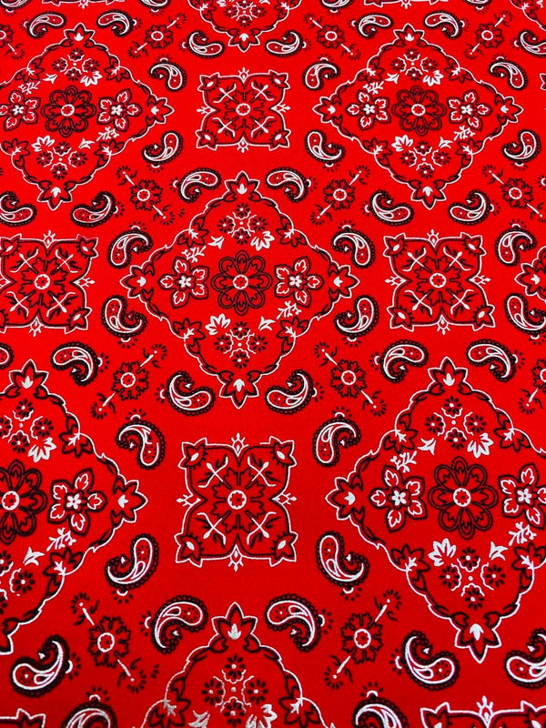 Bandana Print Fabrics - Red - Lycra Spandex Bandana Fabric Sold By The Yard