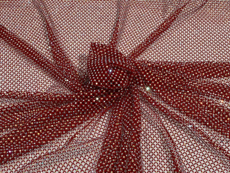 Red Rhinestone Fabric On Red Stretch Net Fabric, Spandex Fish Net with  Crystal Stones sold by the yard