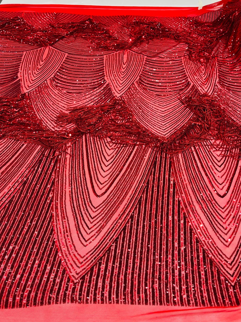 Red Fringe Sequins - Dangle 4 Way Stretch Fancy Sequins Fabric Sold By The Yard