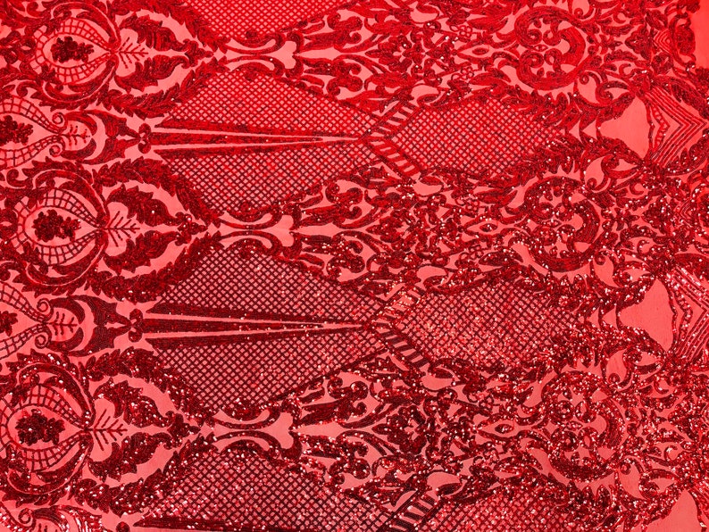 Red Sequins Fabric on Mesh, DAMASK Design Embroidered on a 4 way Stretch By The Yard