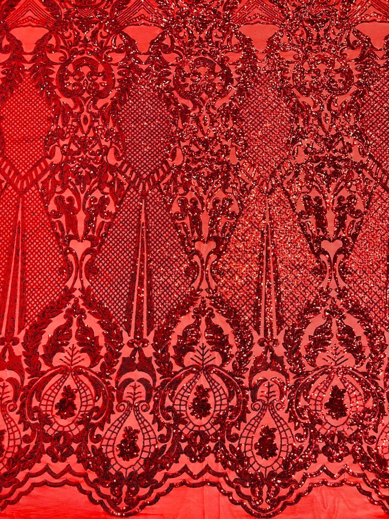 Red Sequins Fabric on Mesh, DAMASK Design Embroidered on a 4 way Stretch By The Yard