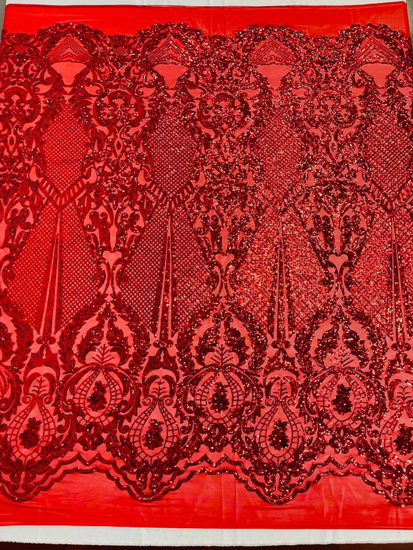 Red Sequins Fabric on Mesh, DAMASK Design Embroidered on a 4 way Stretch By The Yard