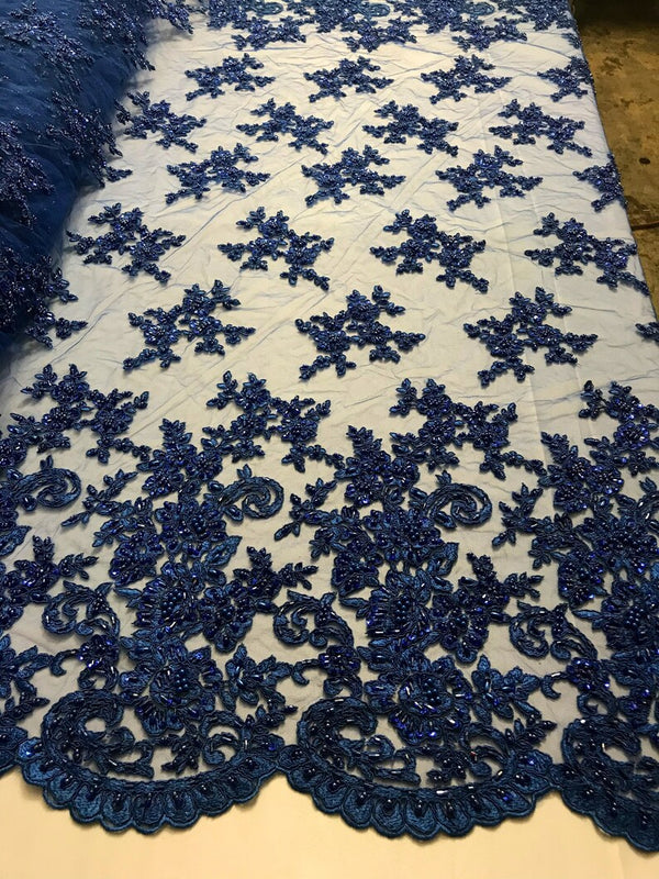 Royal Blue Beaded Bridal Lace, Sold By The Yard Embroidered Floral Wedding Beaded Fabric with Sequin