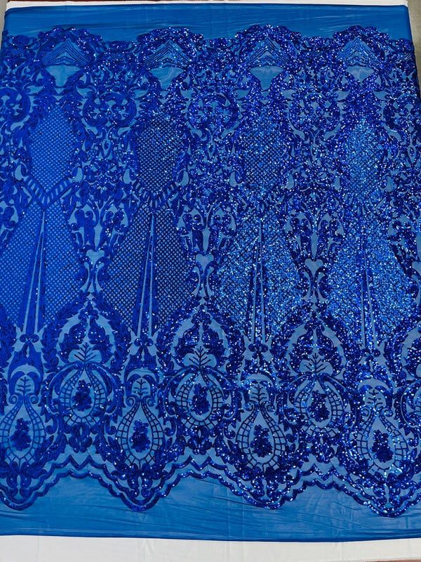 Royal Blue Sequins Fabric on Mesh, DAMASK Design Embroidered on a 4 way Stretch By The Yard