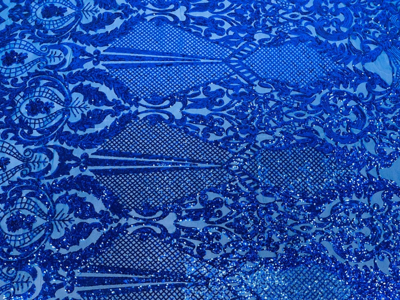 Royal Blue Sequins Fabric on Mesh, DAMASK Design Embroidered on a 4 way Stretch By The Yard