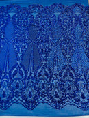 Royal Blue Sequins Fabric on Mesh, DAMASK Design Embroidered on a 4 way Stretch By The Yard