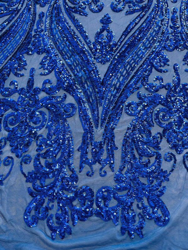 Big Damask Sequins Fabric - Royal Blue - 4 Way Stretch Damask Sequins Design Fabric By Yard
