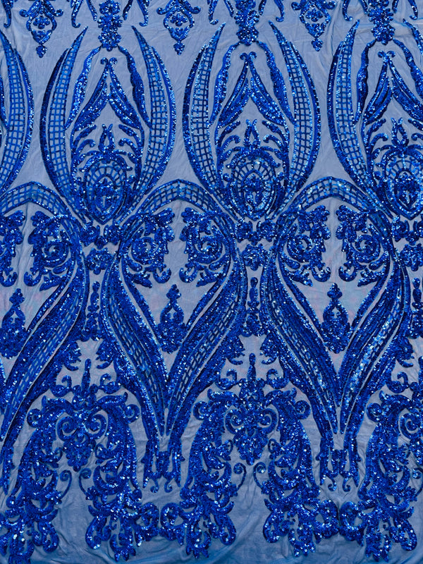 Big Damask Sequins Fabric - Royal Blue - 4 Way Stretch Damask Sequins Design Fabric By Yard