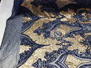 4 Way Stretch - Navy and Gold - Two Tone Flower Design Sequins On Stretch Mesh By The Yard