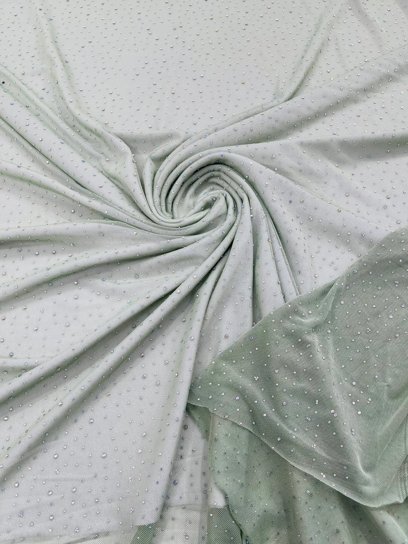 Power Mesh Polyester Rhinestone Fabric - Sage Green - 4 Way Stretch Power Mesh Fabric Crystal Stones By Yard