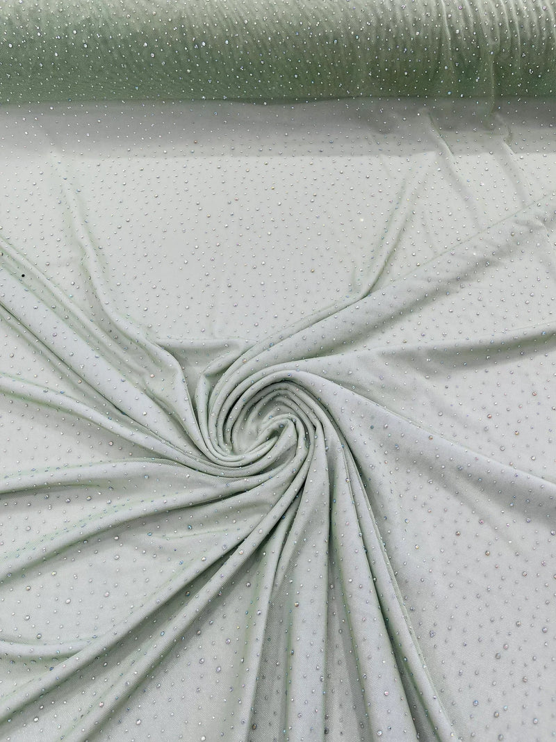 Power Mesh Polyester Rhinestone Fabric - Sage Green - 4 Way Stretch Power Mesh Fabric Crystal Stones By Yard