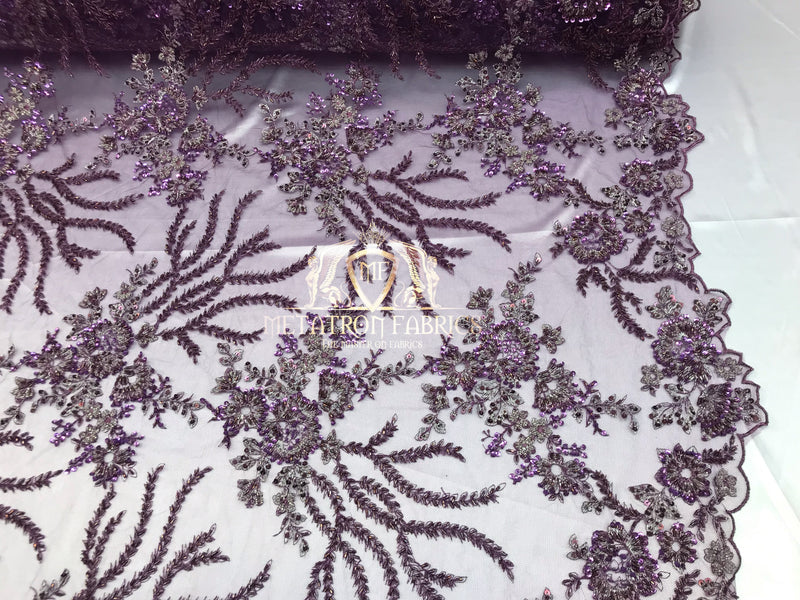 Beaded - Lilac Purple - Fancy Flower Design Sequins Fabric with Beads Sold By The Yard