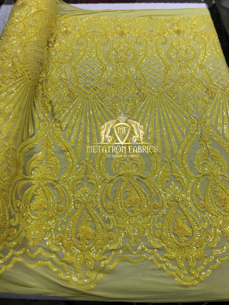 Sequins - Yellow - 4 Way Stretch Damask Design Fabric On Stretch Mesh By The Yard