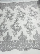 Damask Lace - Floral Damask Design Embroidered on Mesh Lace Fabric - 25 Yard Roll