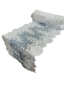 14" Metallic Flower Lace Table Runner - Silver/ White - Floral Runner for Event Decor Sold By The Yard