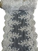 14" Metallic Flower Lace Table Runner - Silver/ White - Floral Runner for Event Decor Sold By The Yard