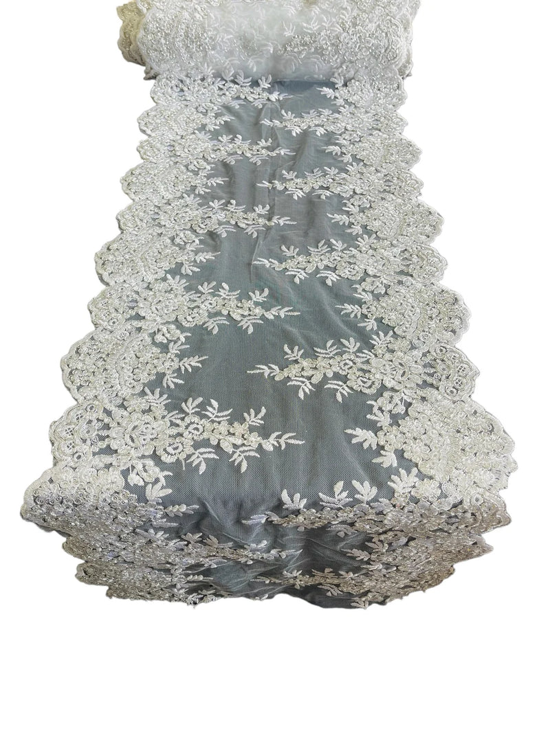 14" Metallic Flower Lace Table Runner - Silver/ White - Floral Runner for Event Decor Sold By The Yard