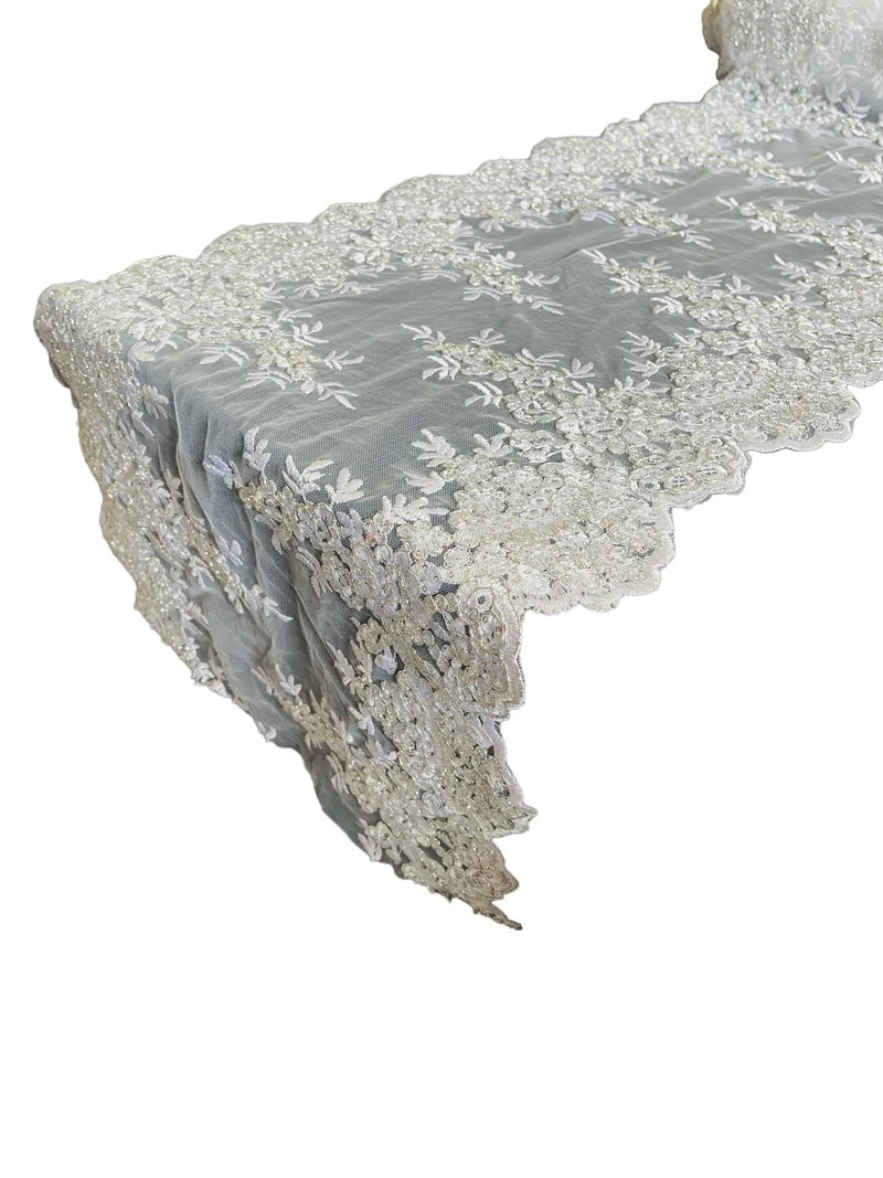 14" Metallic Flower Lace Table Runner - Silver/ White - Floral Runner for Event Decor Sold By The Yard