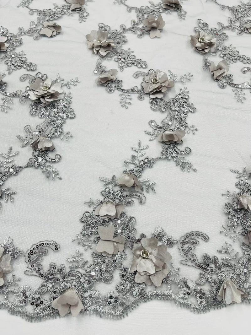 3D Lace Flower Fabric - Silver - Embroidered Sequins and 3D Floral Patterns on Lace By Yard