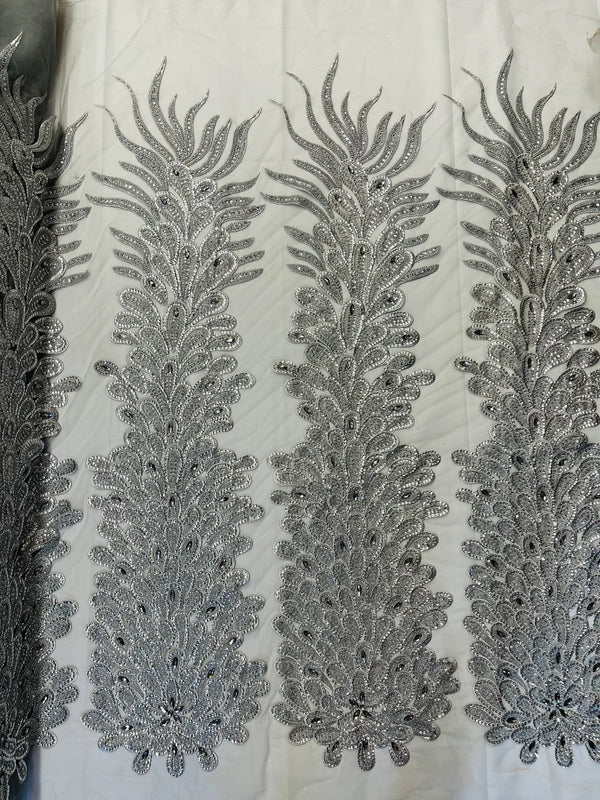 3D Beaded Peacock Feathers - Silver - Vegas Design Embroidered Sequins and Beads On a Mesh Lace Fabric (Choose The Panels)