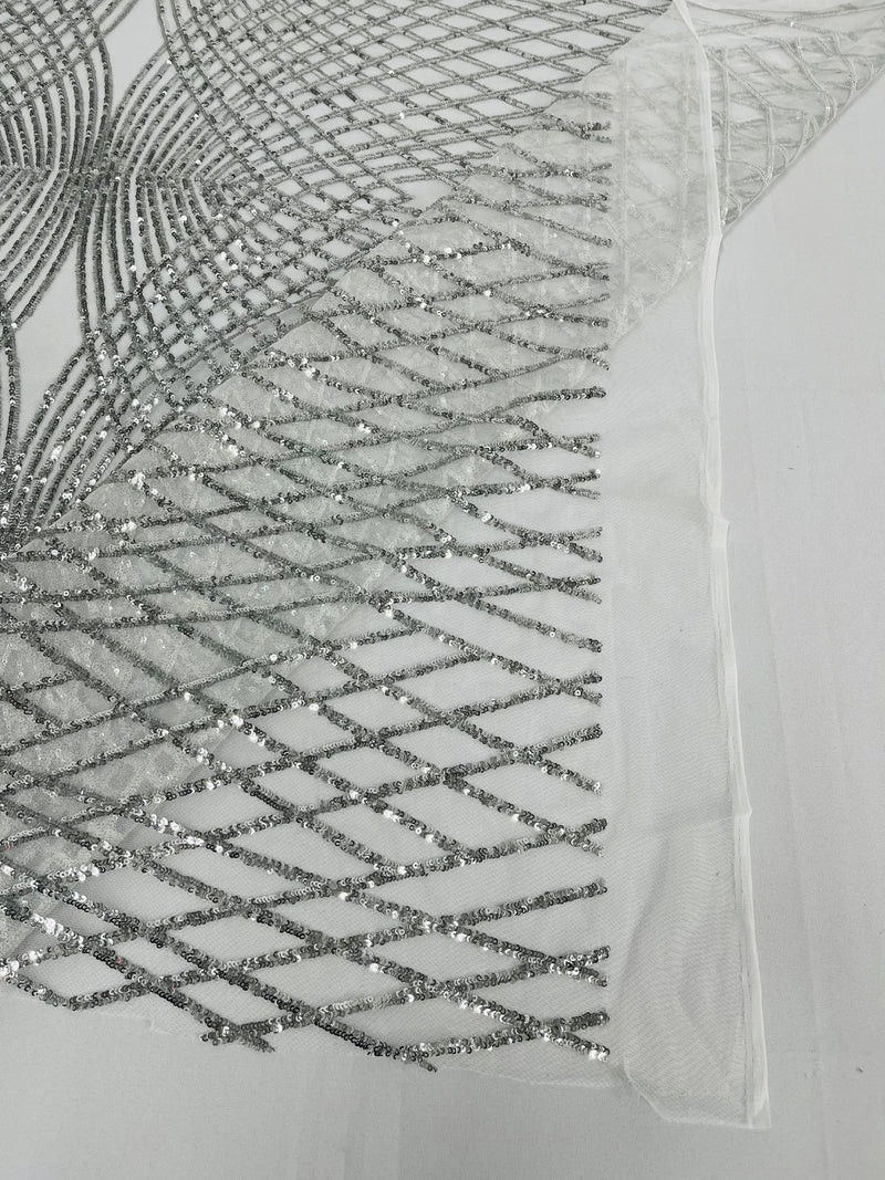 2 Way Stretch Diamond Fabric - Silver - Geometric Diamond Design on Mesh By The Yard