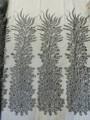 3D Beaded Peacock Feathers - Silver - Vegas Design Embroidered Sequins and Beads On a Mesh Lace Fabric (Choose The Panels)