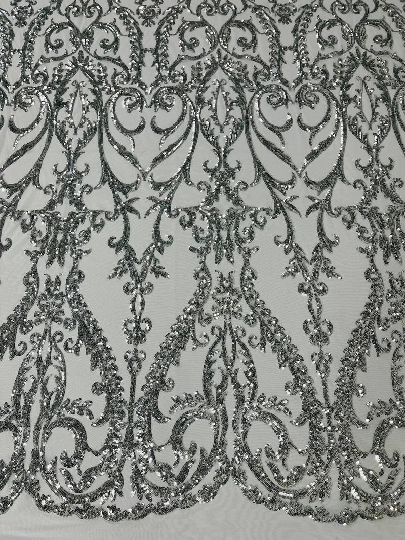 4 Way Stretch - Silver - Sequins Damask Design Fabric Embroidered On Mesh Sold By The Yard