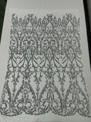 4 Way Stretch - Silver - Sequins Damask Design Fabric Embroidered On Mesh Sold By The Yard