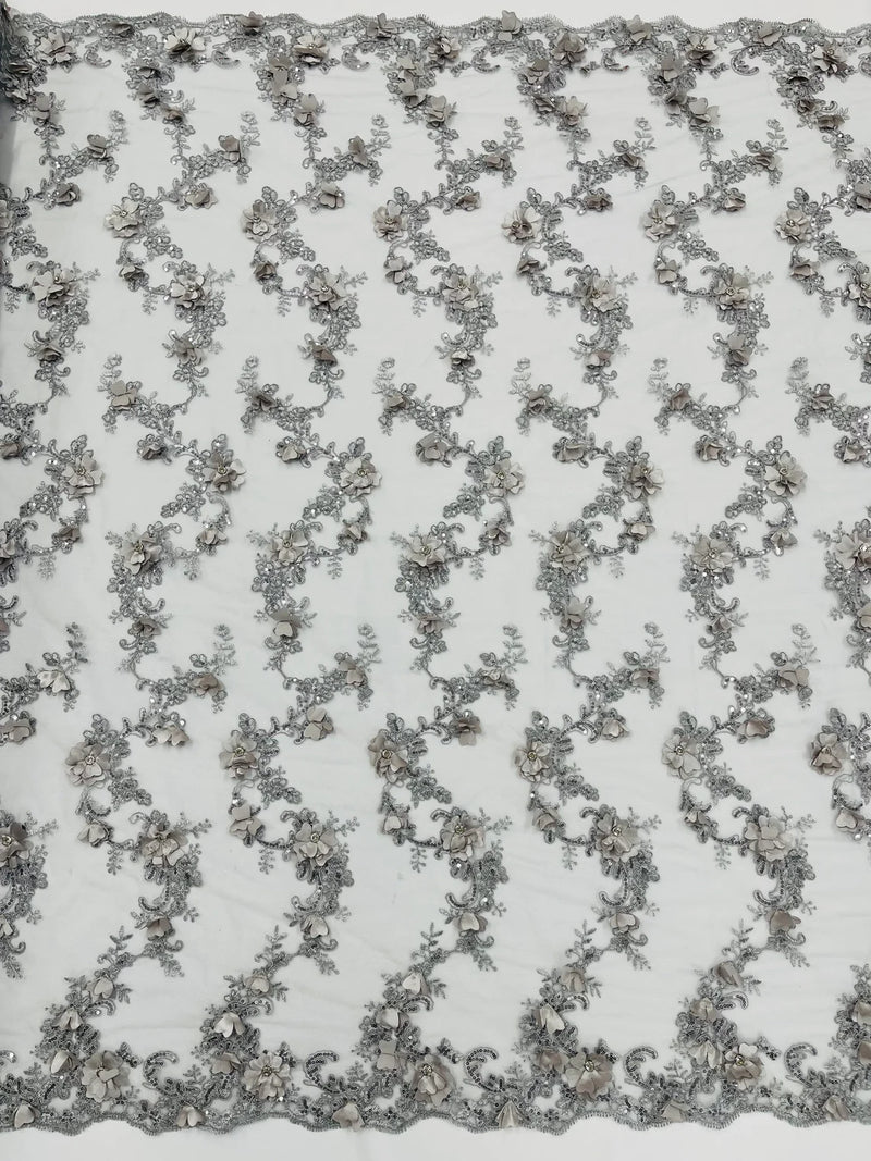 3D Lace Flower Fabric - Silver - Embroidered Sequins and 3D Floral Patterns on Lace By Yard