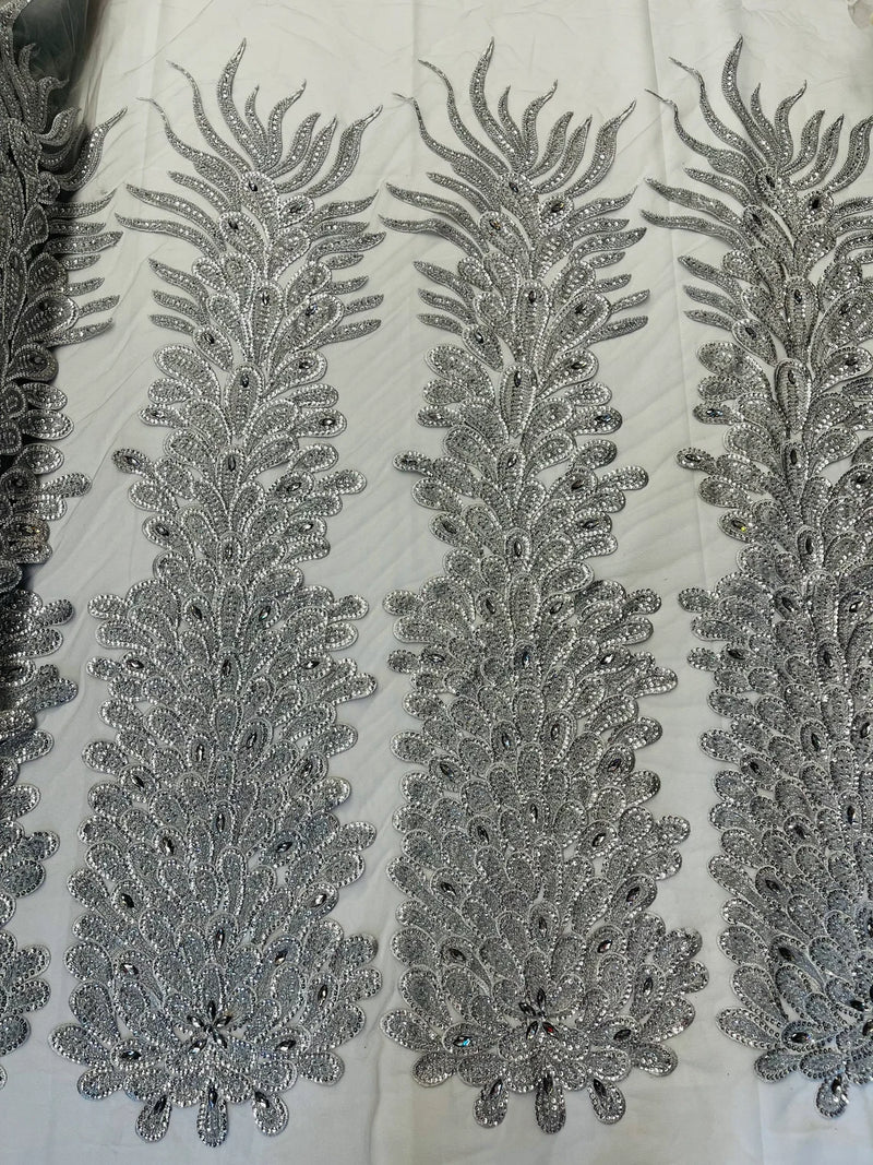 3D Beaded Peacock Feathers - Silver - Vegas Design Embroidered Sequins and Beads On a Mesh Lace Fabric (Choose The Panels)