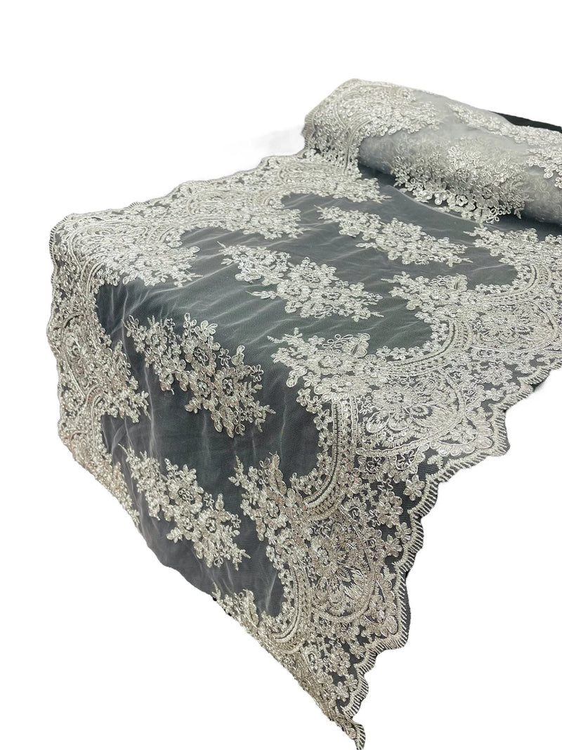 21" Floral Lace Metallic Design Table Runner - Silver - Floral Runner for Event Decor Sold By The Yard