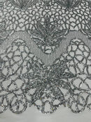 Elegant Floral Leaf Design - Silver - 4 Way Stretch Sequins Lace Spandex Fabric By Yard