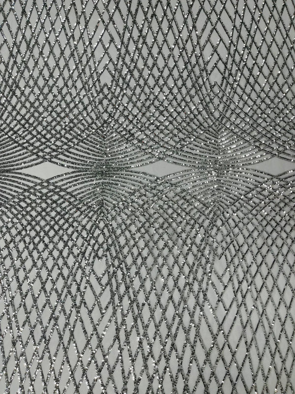 2 Way Stretch Diamond Fabric - Silver - Geometric Diamond Design on Mesh By The Yard