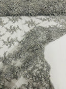 Beaded Floral Cluster - Silver - Fancy Embroidered Glamorous Floral Design Sold by Yard