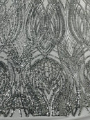 Long Wavy Pattern Sequins - Silver - 4 Way Stretch Sequins Fabric Line Design By Yard