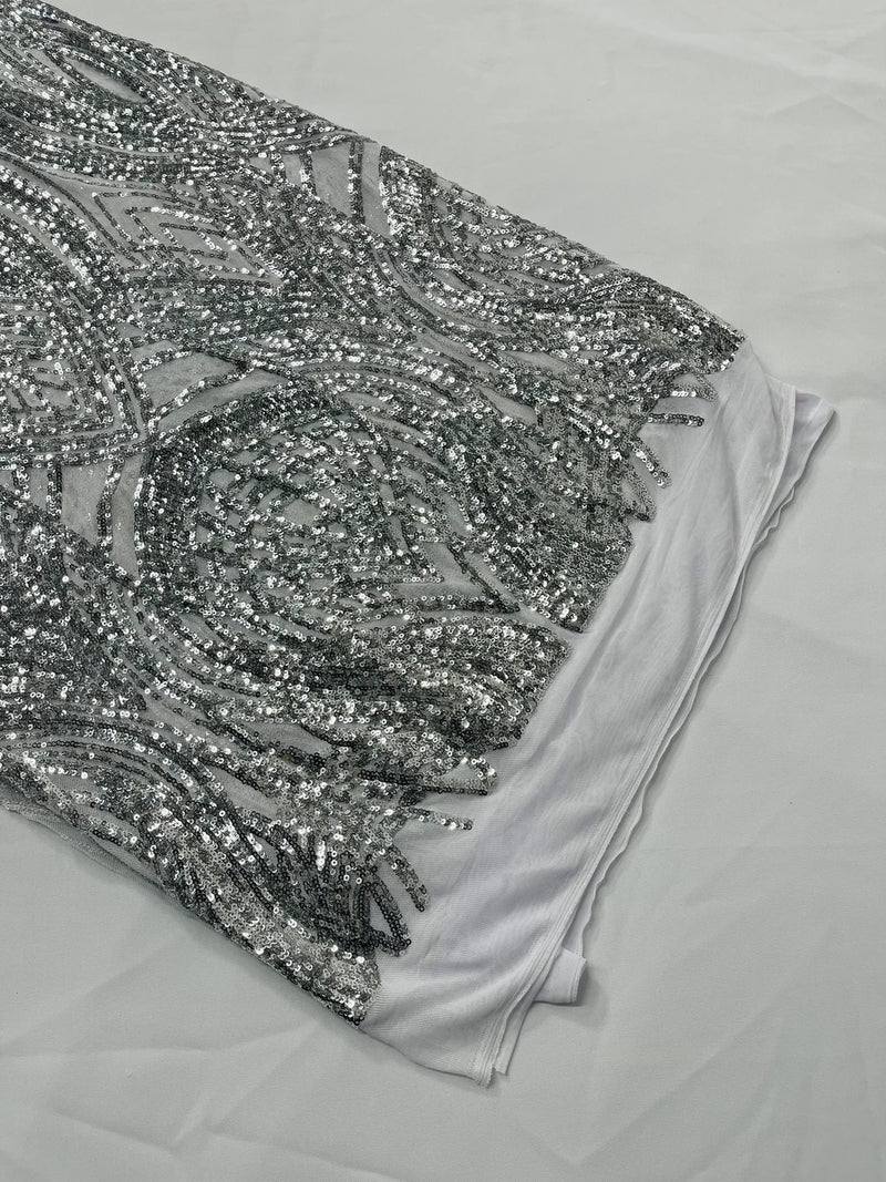 Long Wavy Pattern Sequins - Silver - 4 Way Stretch Sequins Fabric Line Design By Yard