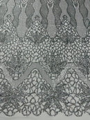 Elegant Floral Leaf Design - Silver - 4 Way Stretch Sequins Lace Spandex Fabric By Yard