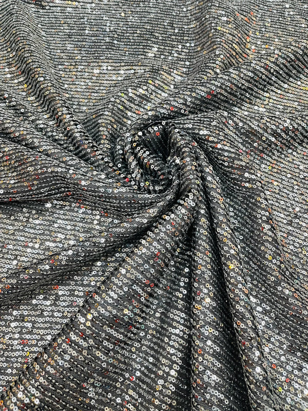 Mille Striped Stretch Sequins - Silver on Black - 4 Way Stretch Spandex Sequins Striped Fabric By The Yard